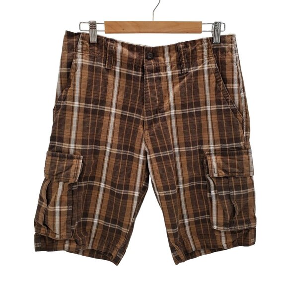 Old Navy Brown Plaid Cargo Shorts Size 30 Classic Fit Cotton Outdoor Utility - Picture 1 of 13